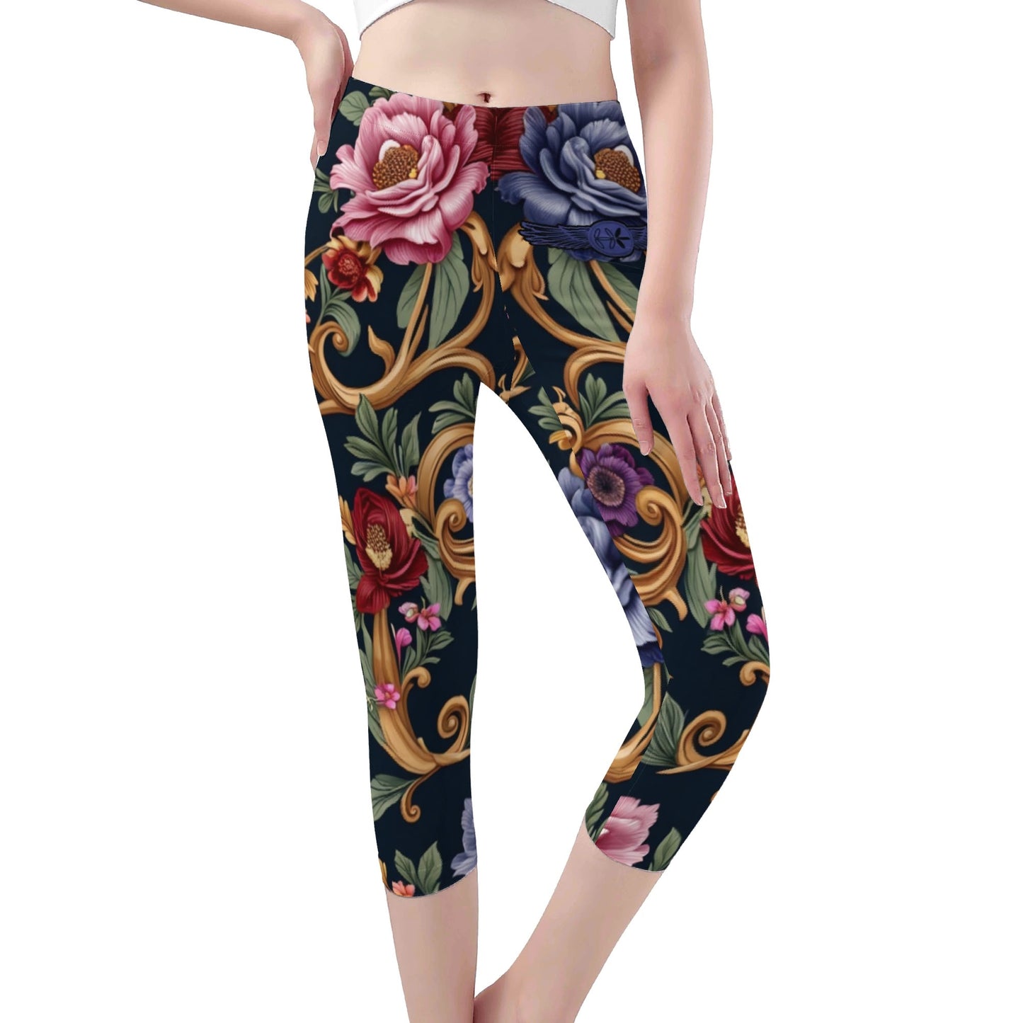 Womens Royal Floral Capris Leggings