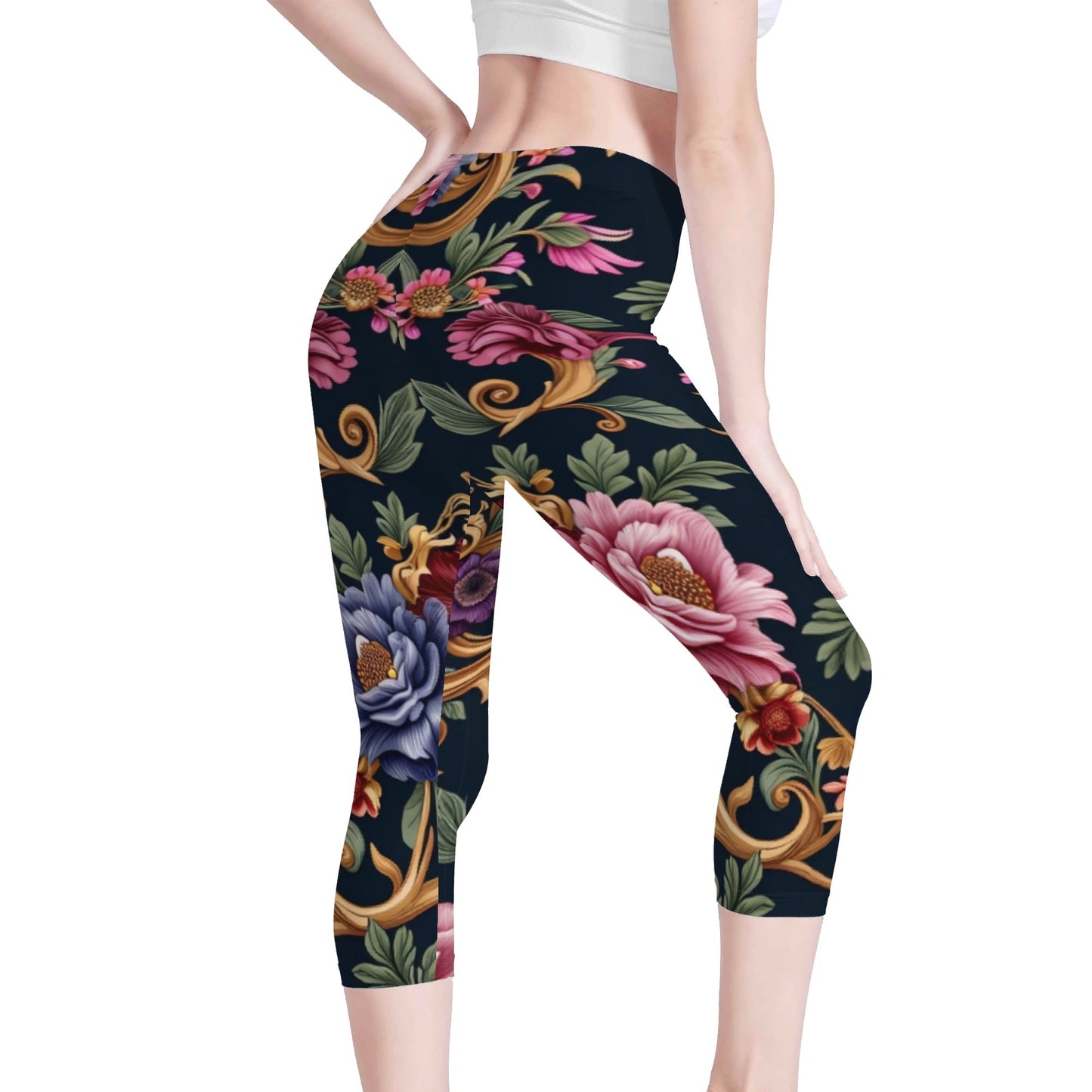 Womens Royal Floral Capris Leggings