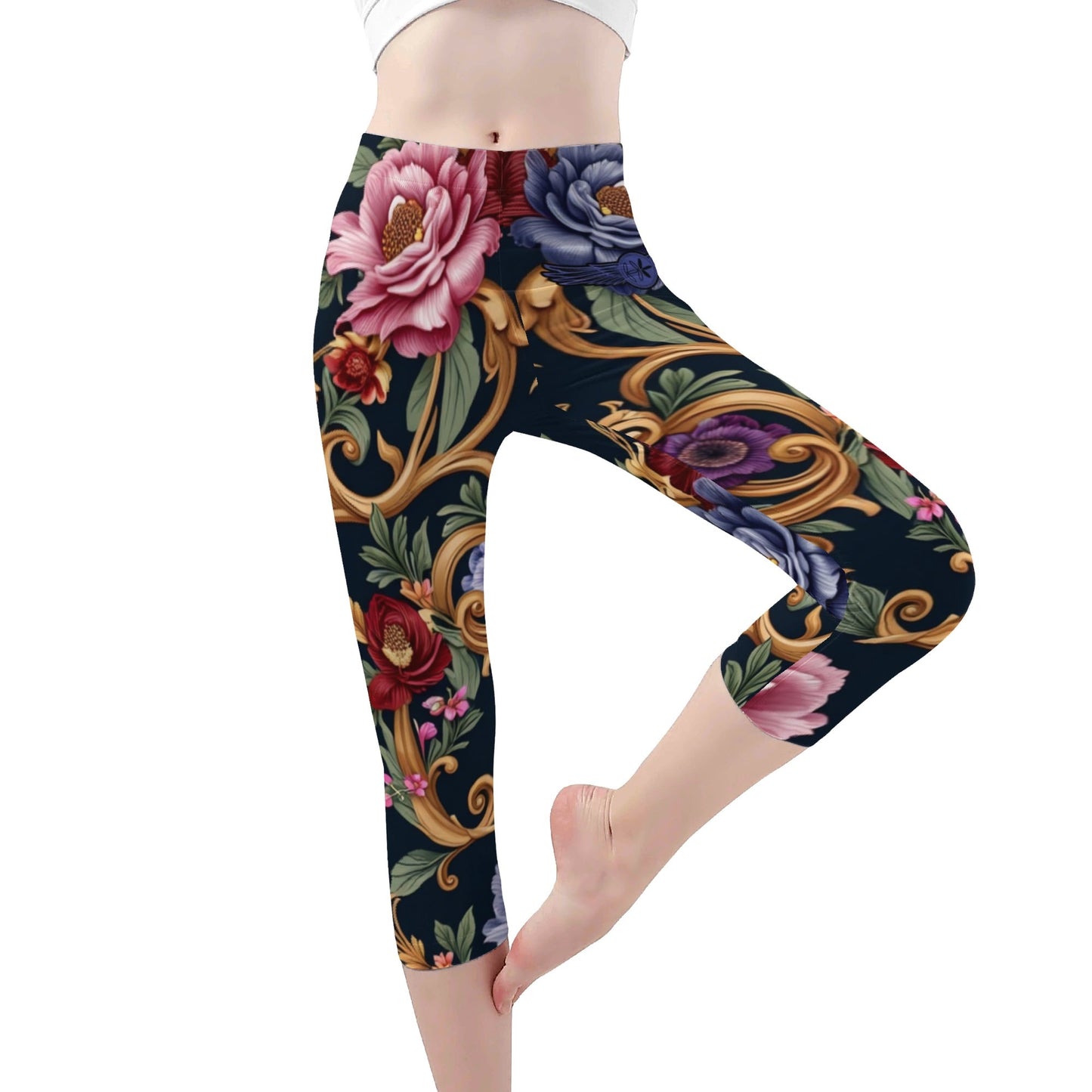 Womens Royal Floral Capris Leggings