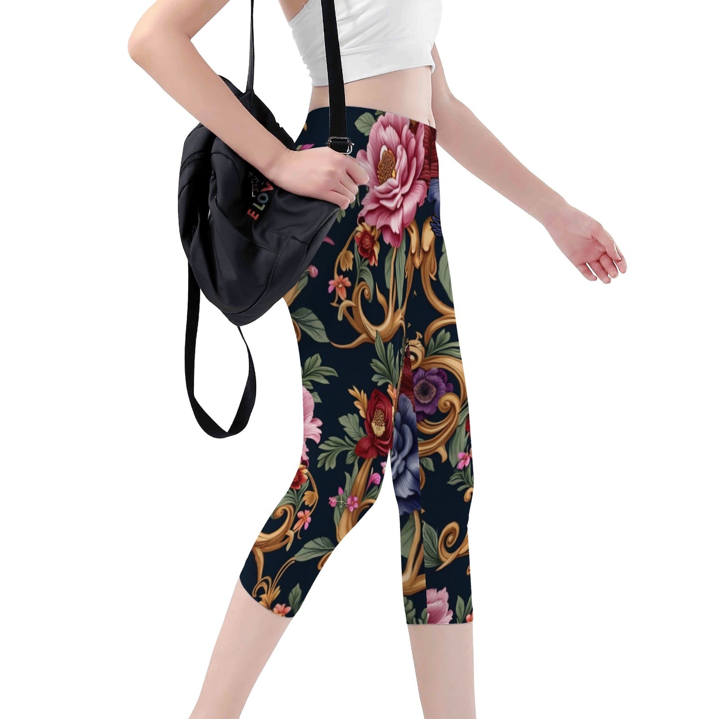 Womens Royal Floral Capris Leggings