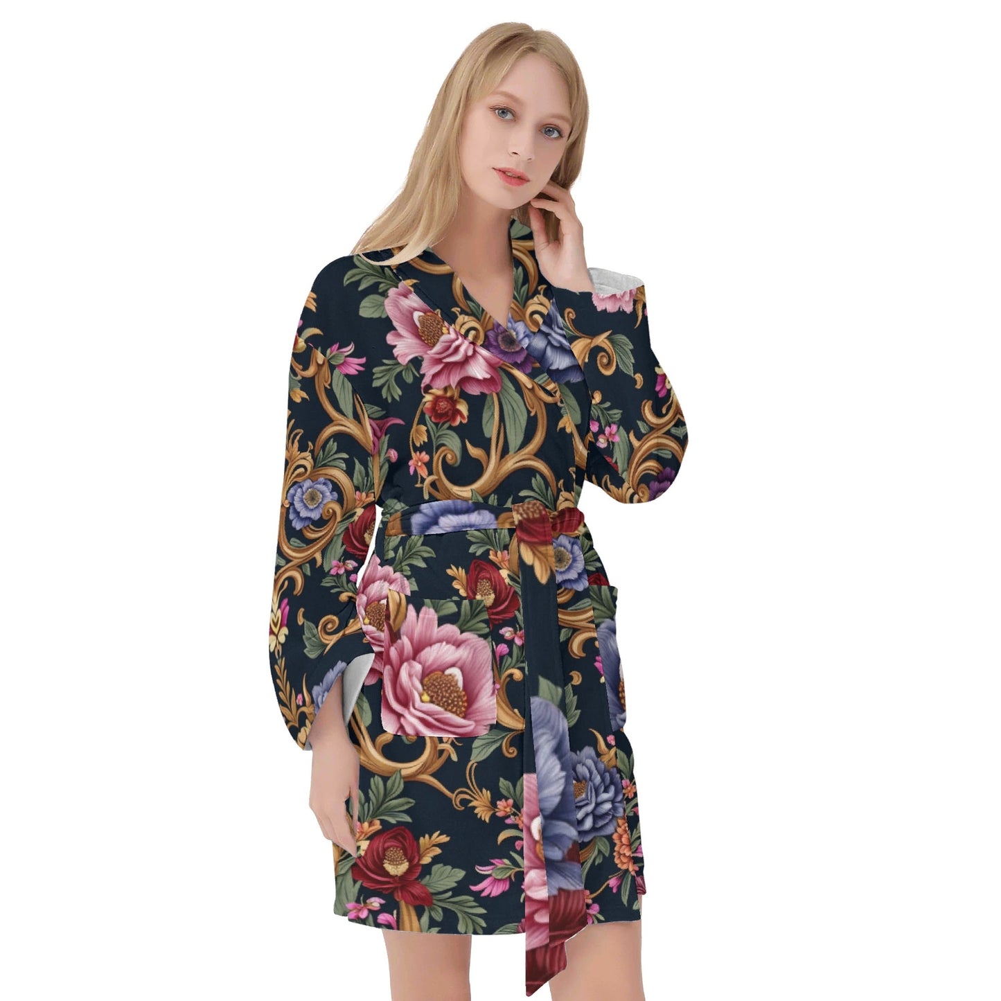 Womens Royal Floral Short Bathrobe