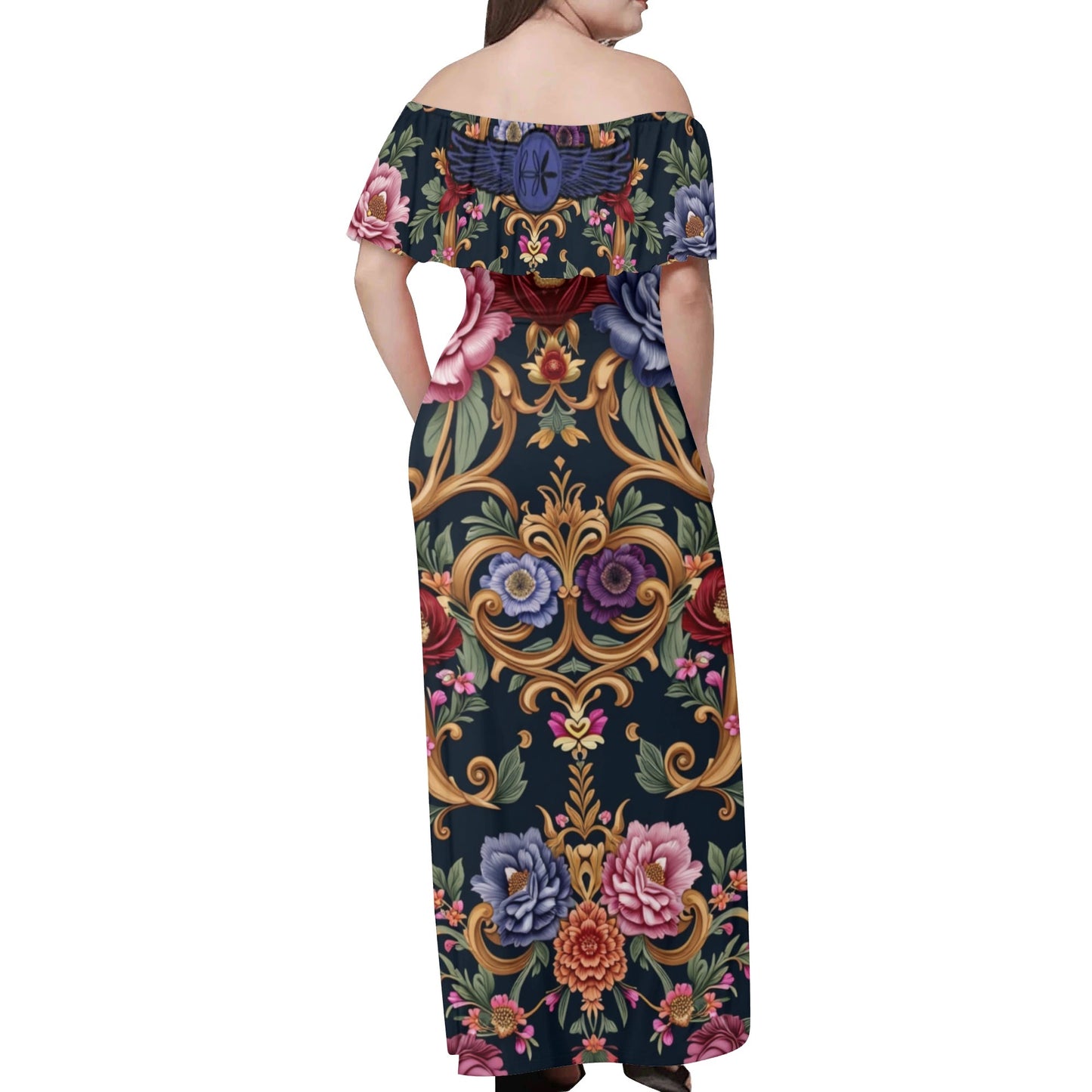 Womens Royal Floral Off The Shoulder Long Dress