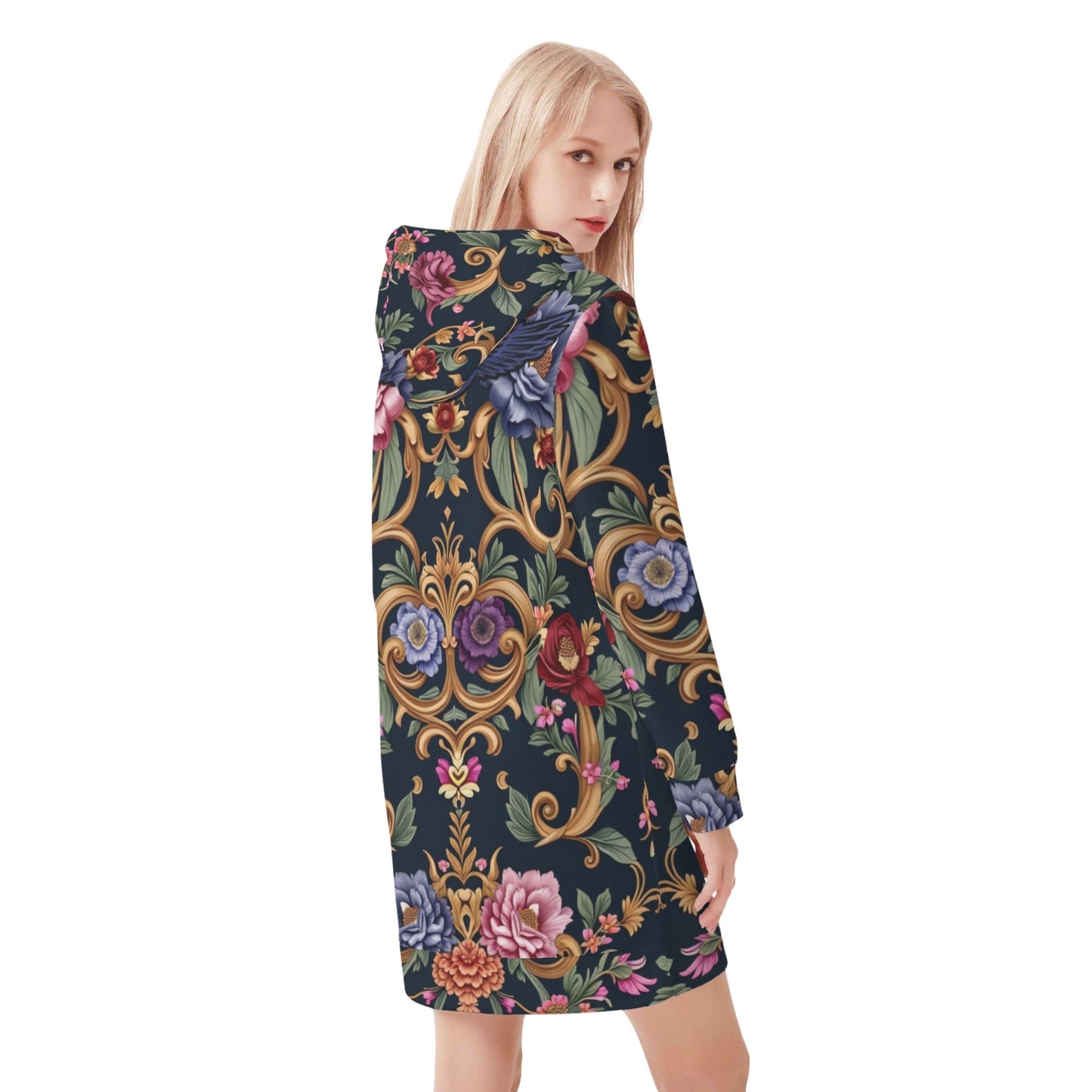 Womens Royal Floral Velvets Pullover Hoodie Dress