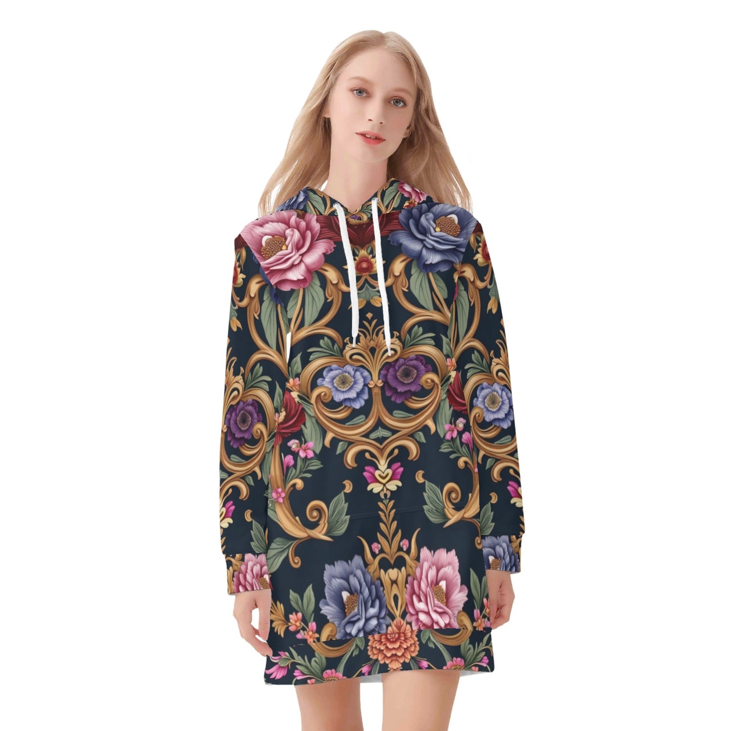 Womens Royal Floral Velvets Pullover Hoodie Dress