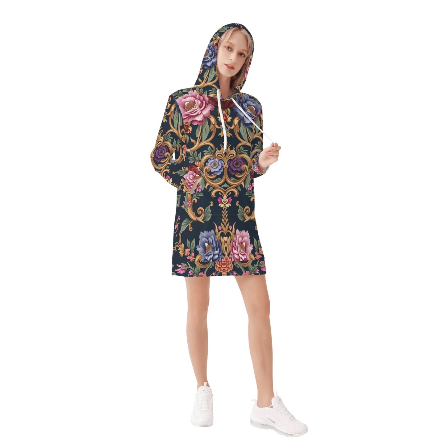 Womens Royal Floral Velvets Pullover Hoodie Dress