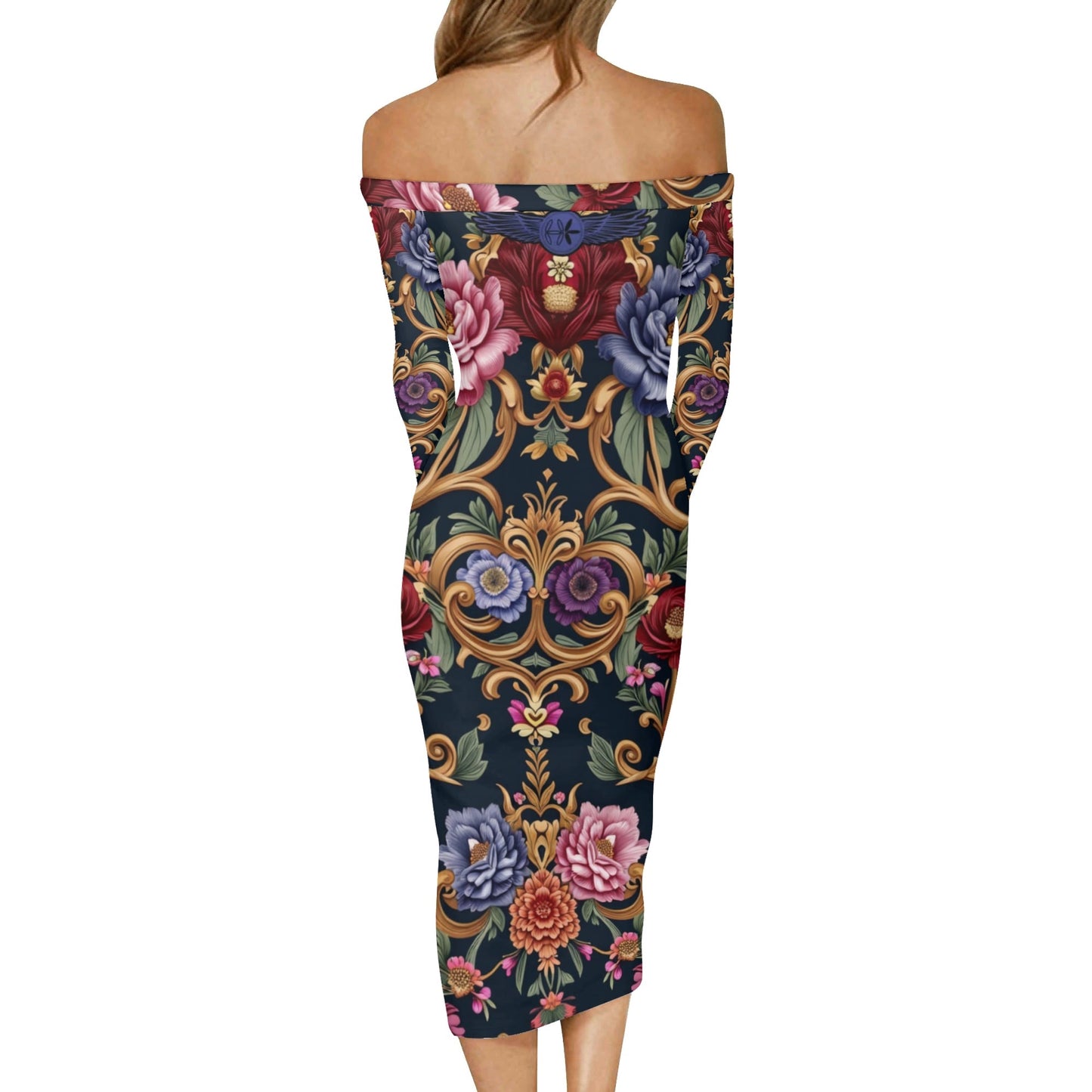 Womens Off The Shoulder Royal Floral Long Sleeve Elegant Wrap Dress