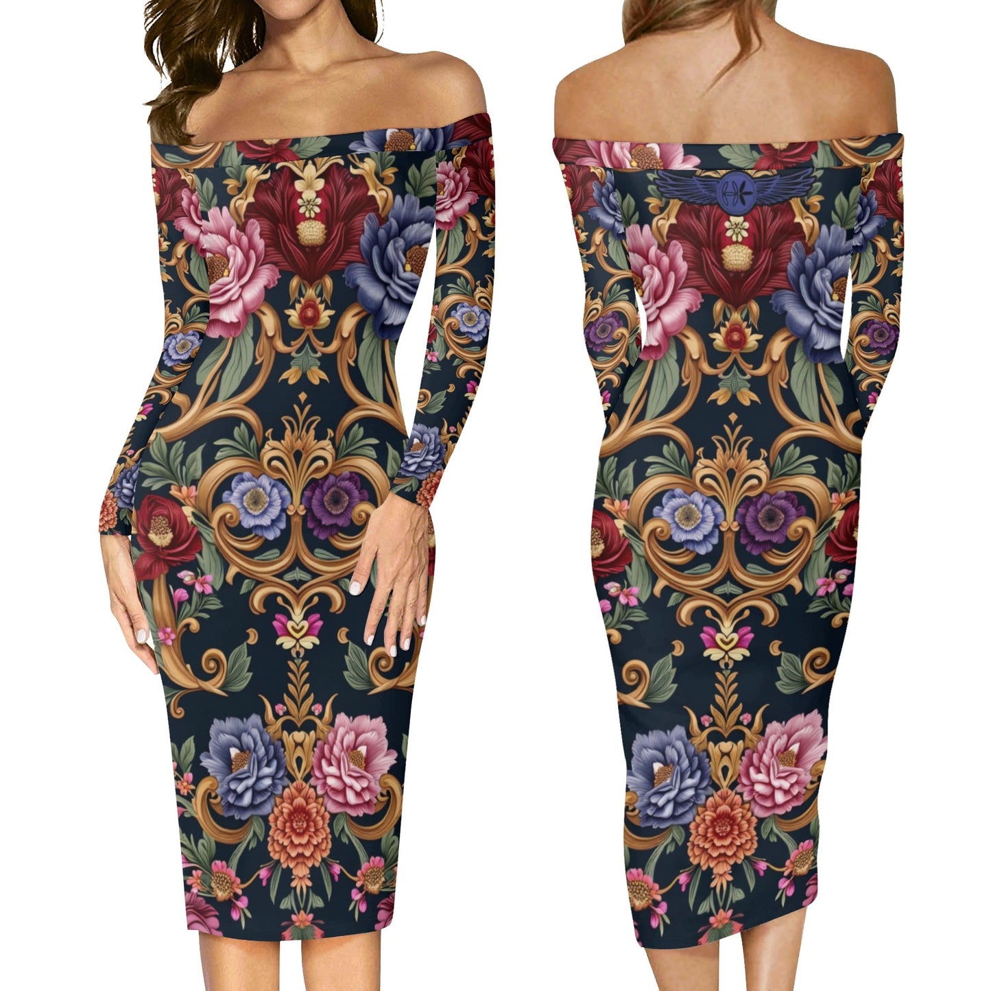Womens Off The Shoulder Royal Floral Long Sleeve Elegant Wrap Dress