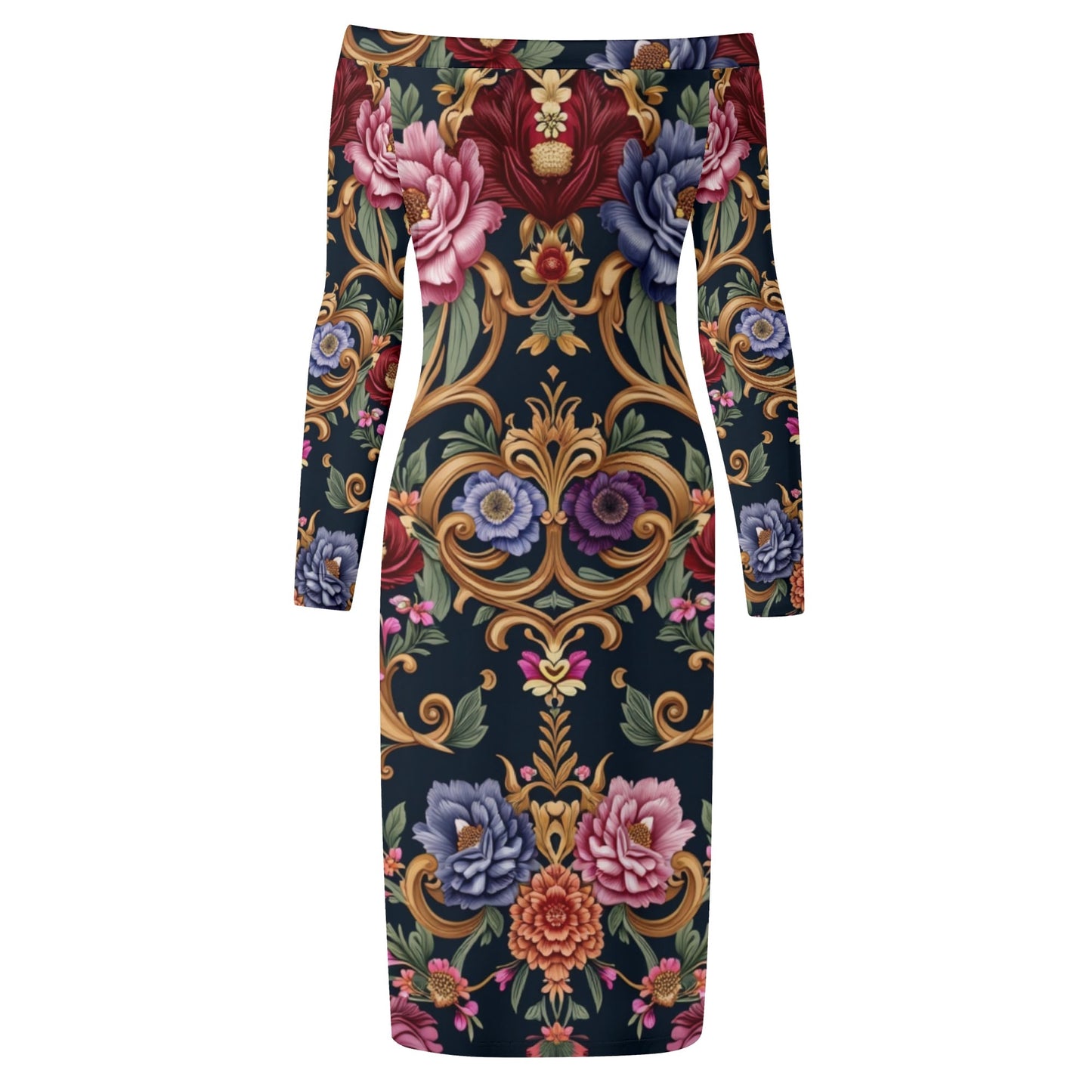 Womens Off The Shoulder Royal Floral Long Sleeve Elegant Wrap Dress