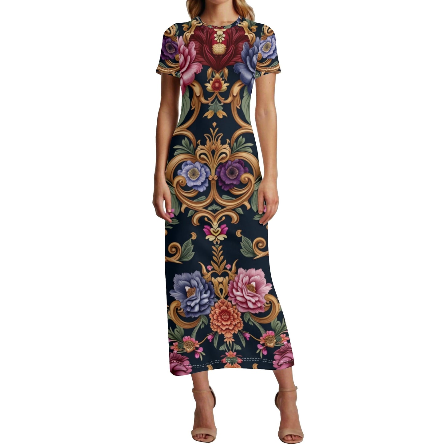 Womens Royal Floral Short Sleeve Casual Tshirt Long Dresses