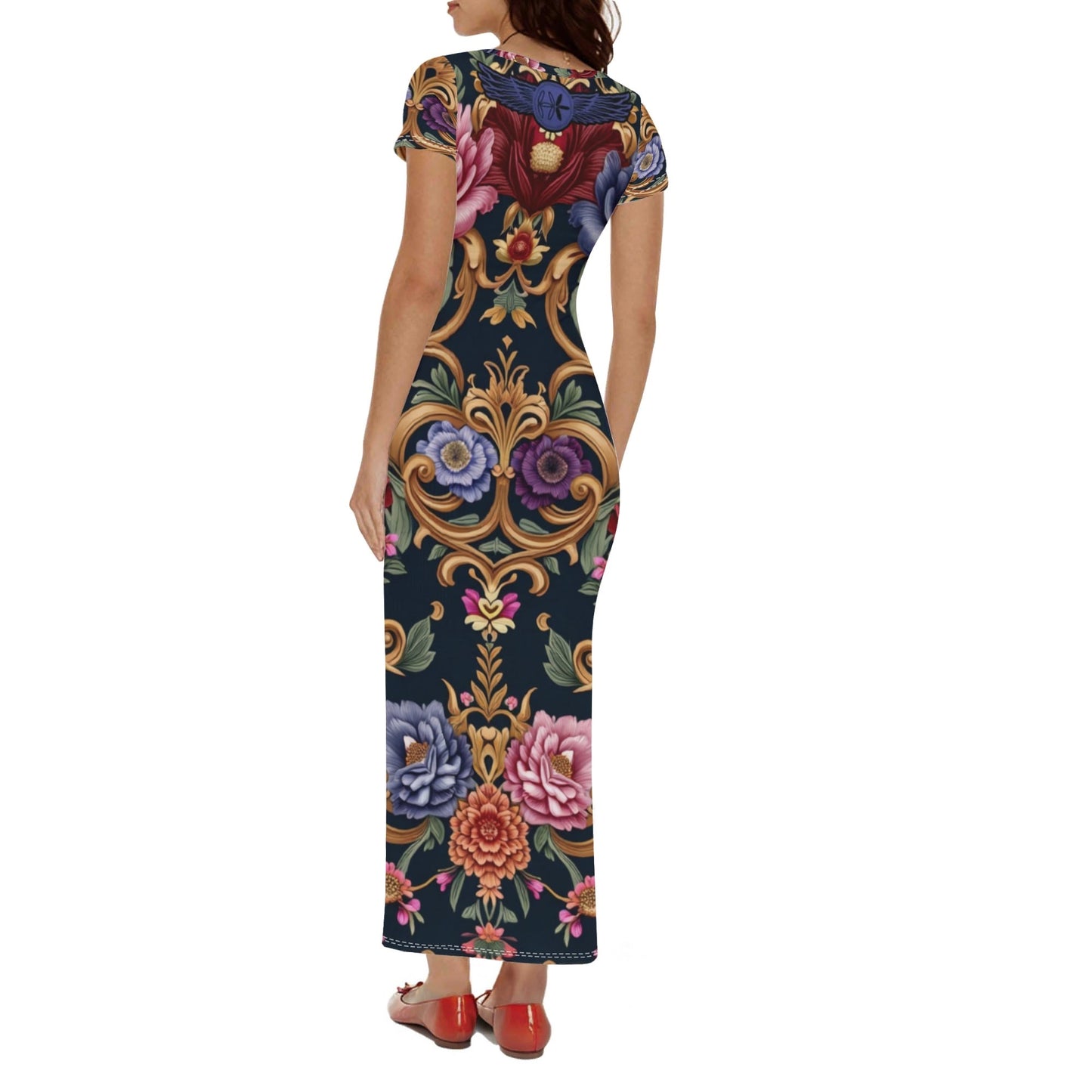 Womens Royal Floral Short Sleeve Casual Tshirt Long Dresses