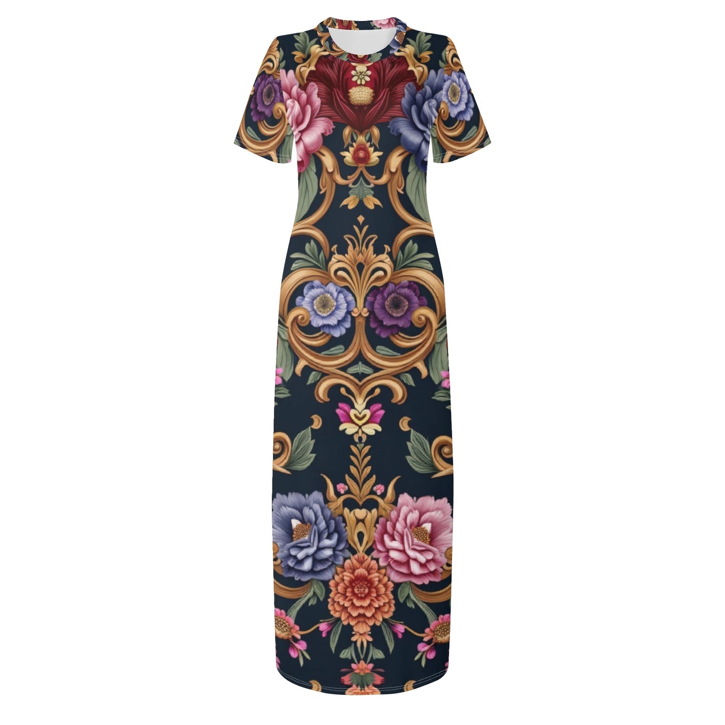 Womens Royal Floral Short Sleeve Casual Tshirt Long Dresses