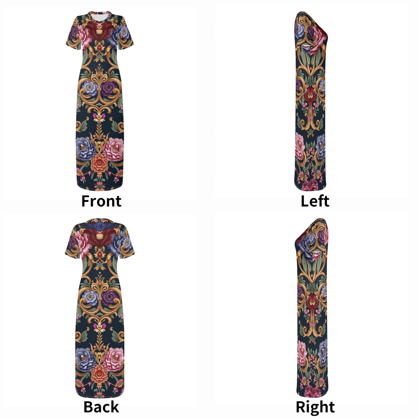 Womens Royal Floral Short Sleeve Casual Tshirt Long Dresses