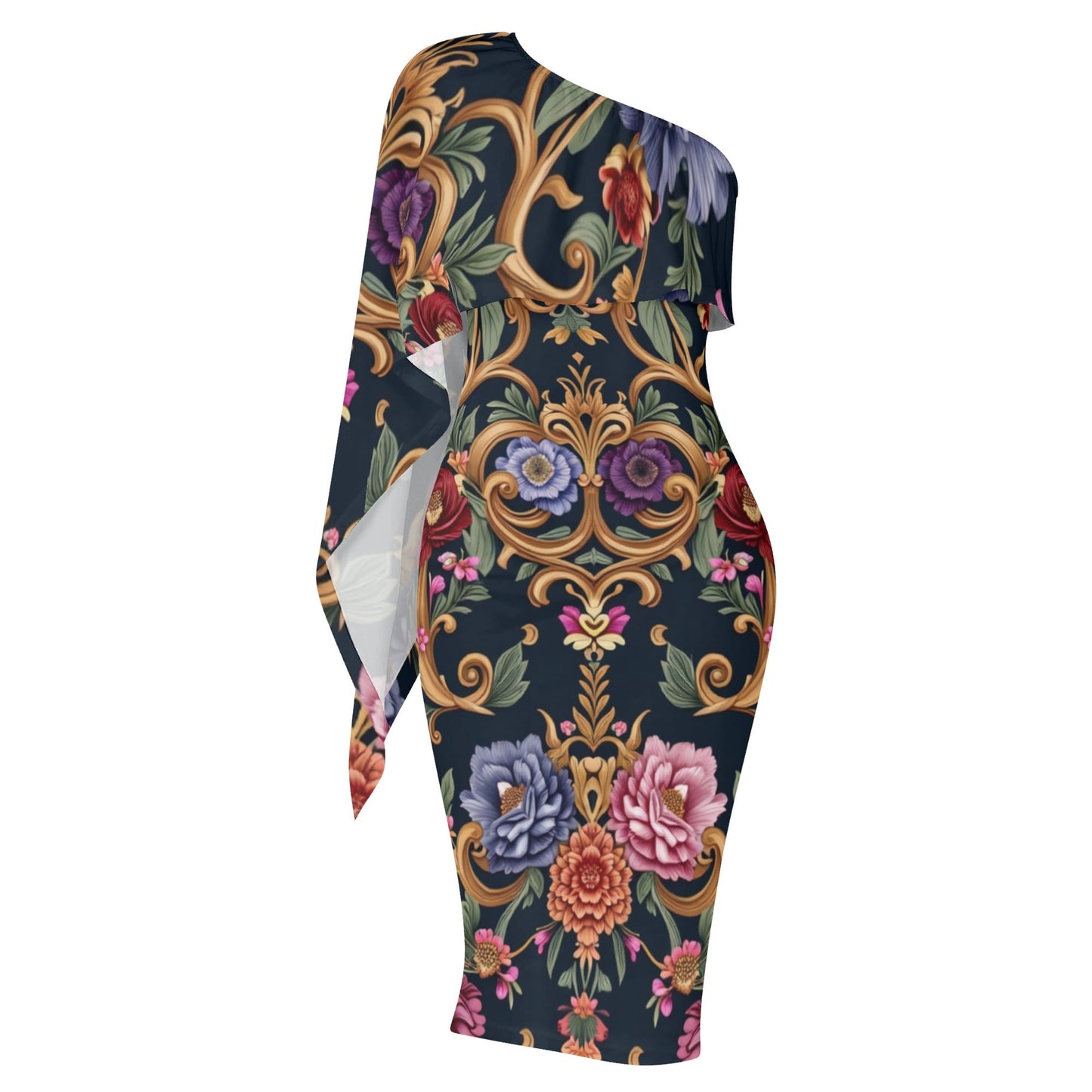 Womens Royal Floral One Shoulder Evening Dress