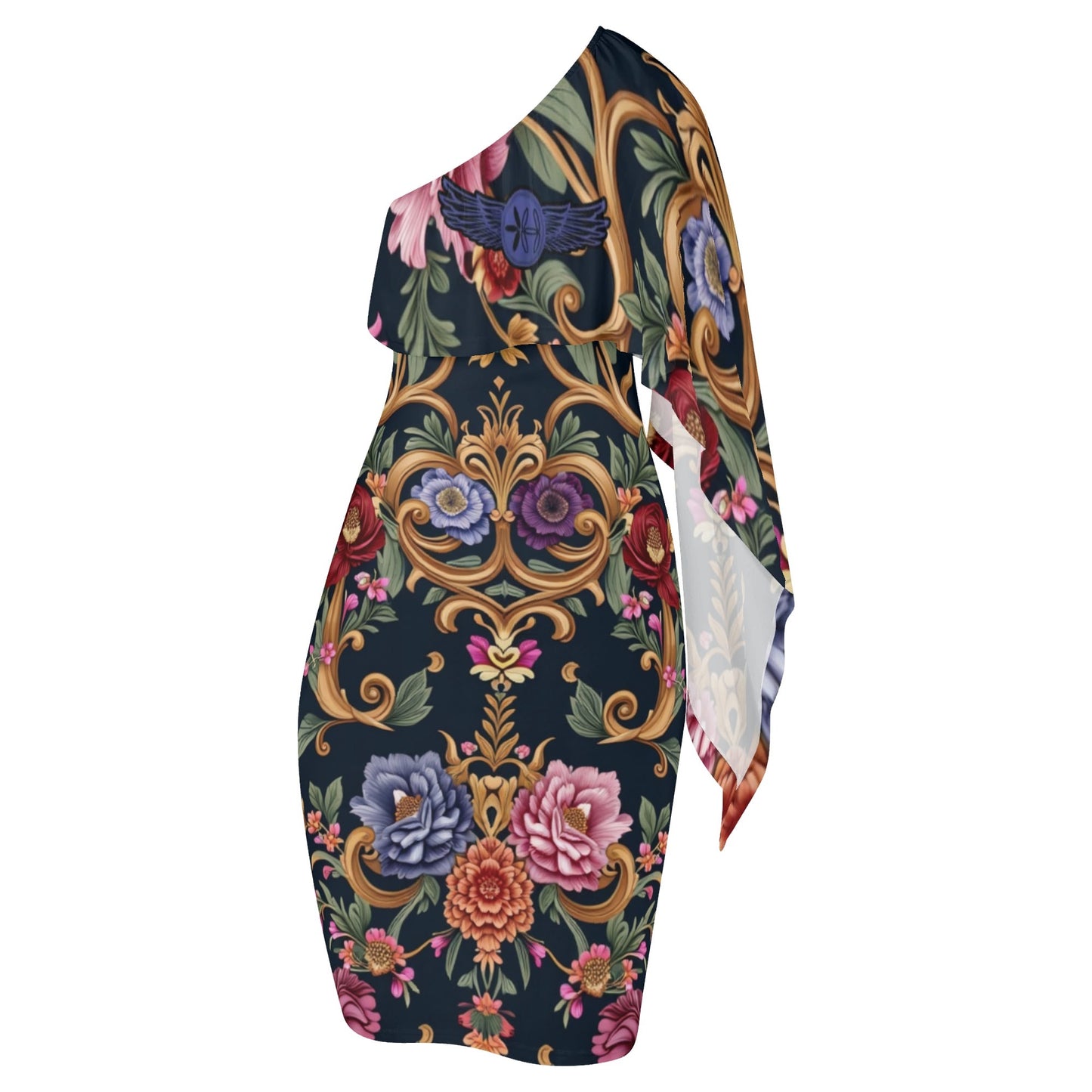 Womens Royal Floral One Shoulder Evening Dress