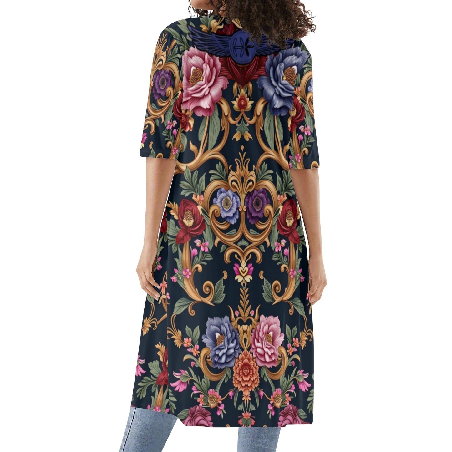 Womens Royal Floral Short Sleeve Sleeve Kimono Cardigan