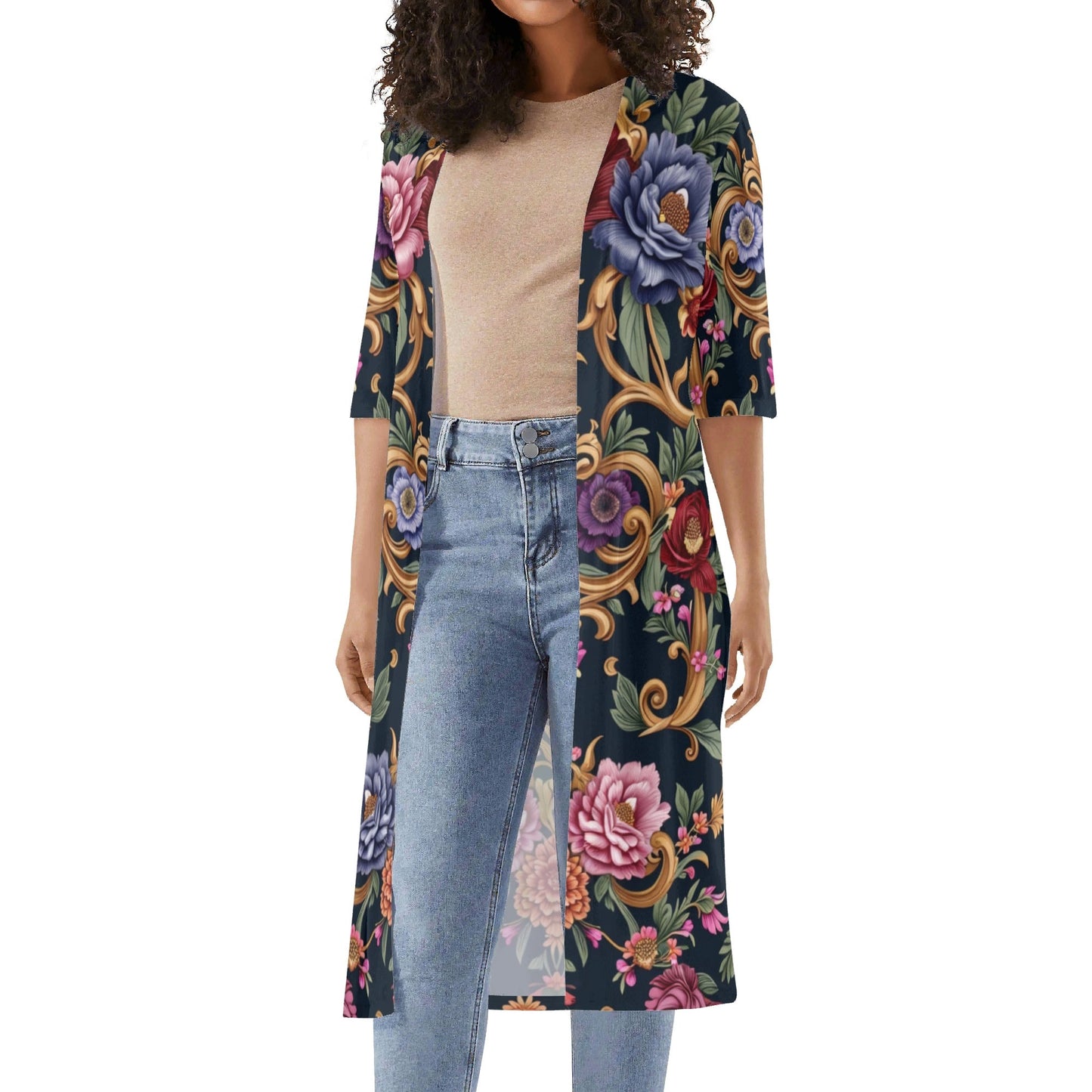 Womens Royal Floral Short Sleeve Sleeve Kimono Cardigan
