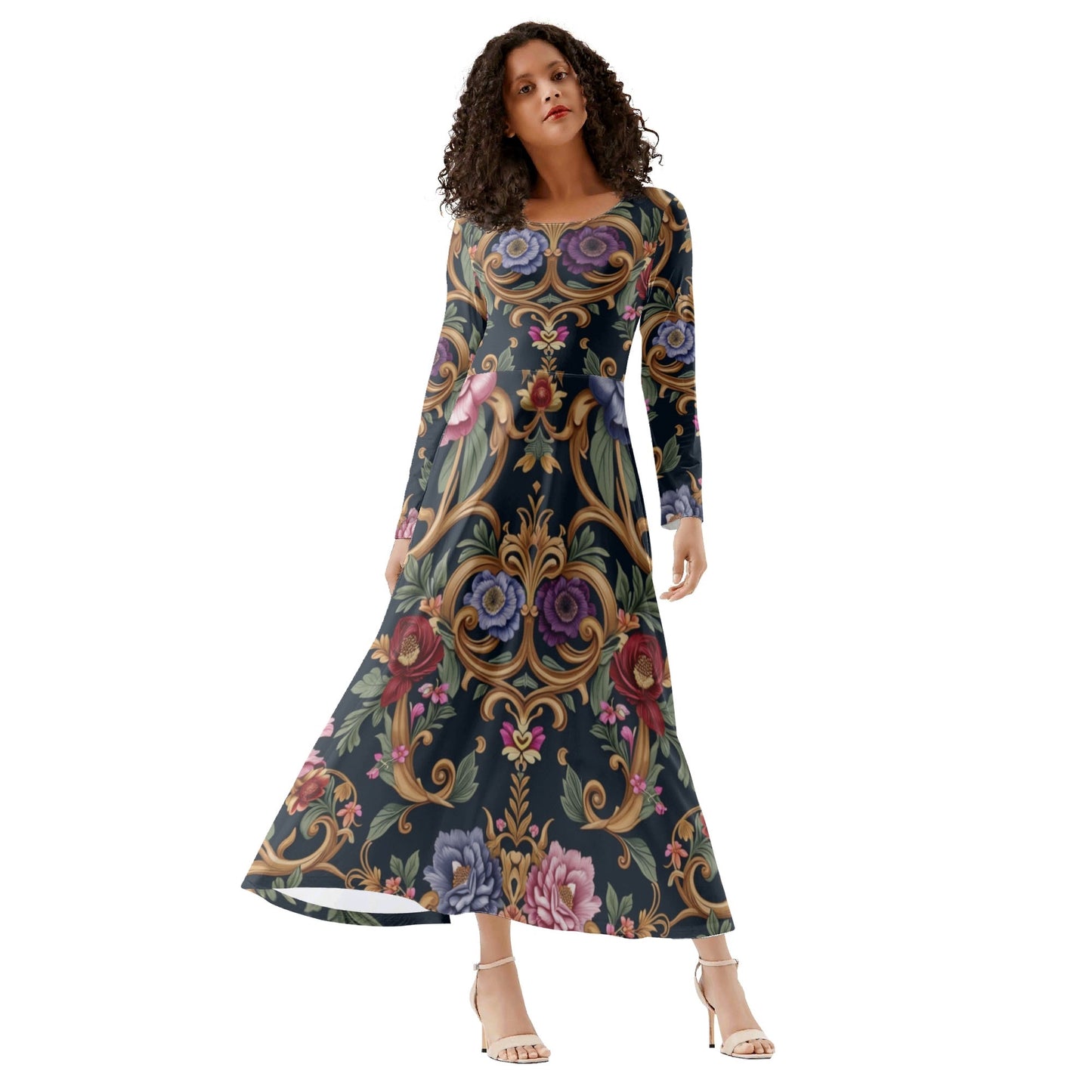 Womens Royal Floral Long Sleeves Long Dresses