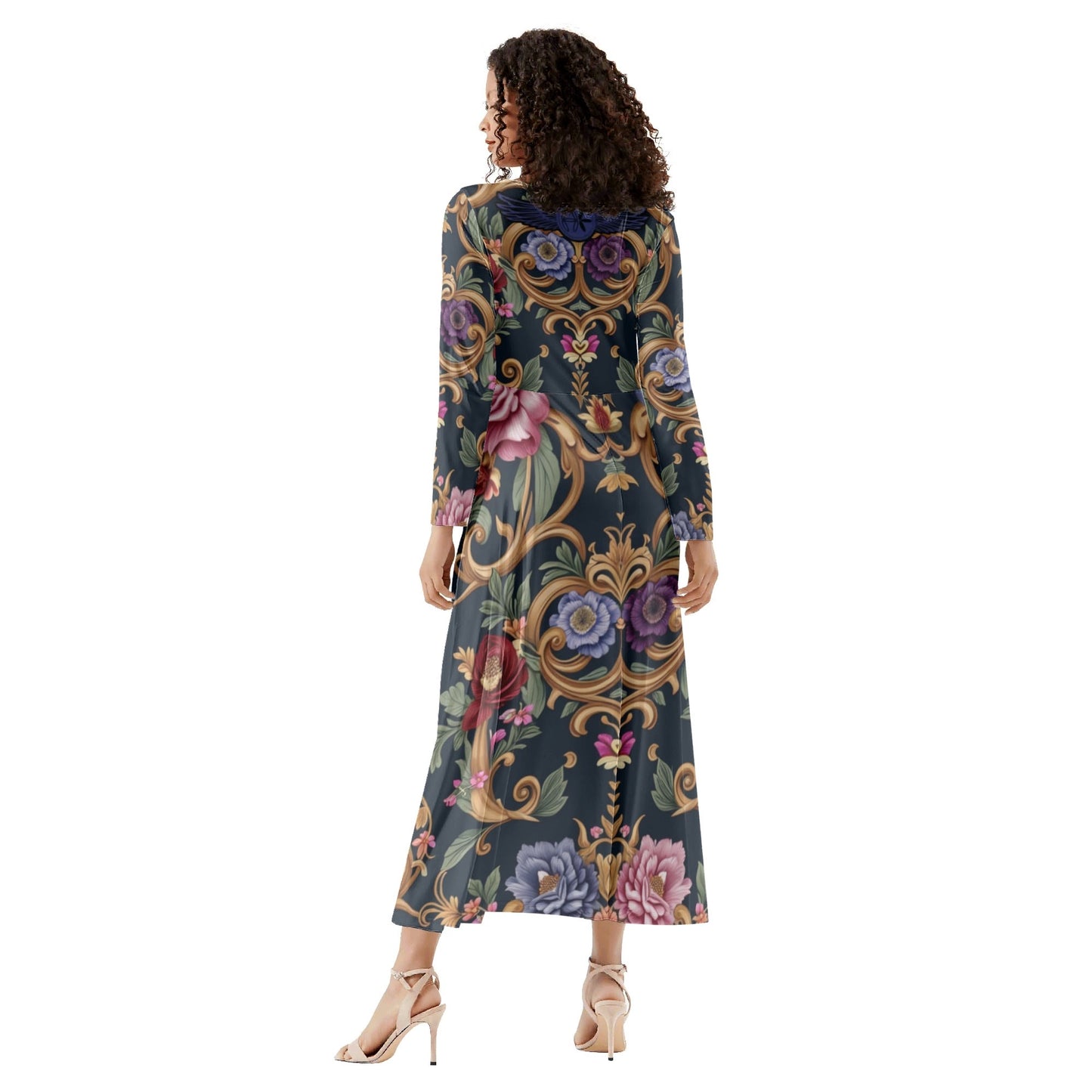 Womens Royal Floral Long Sleeves Long Dresses