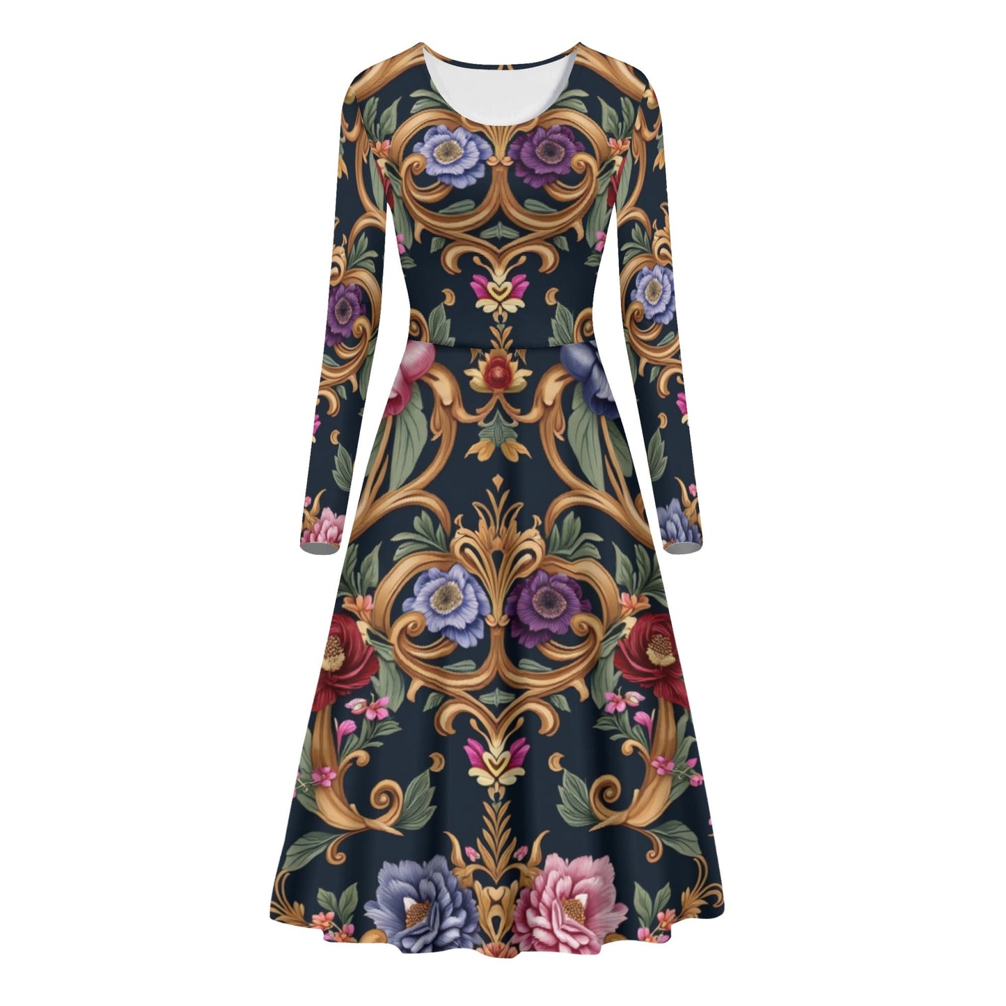 Womens Royal Floral Long Sleeves Long Dresses