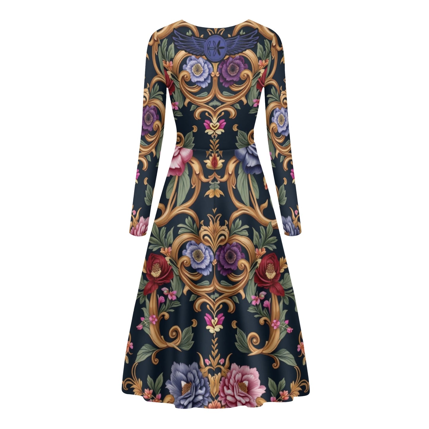 Womens Royal Floral Long Sleeves Long Dresses