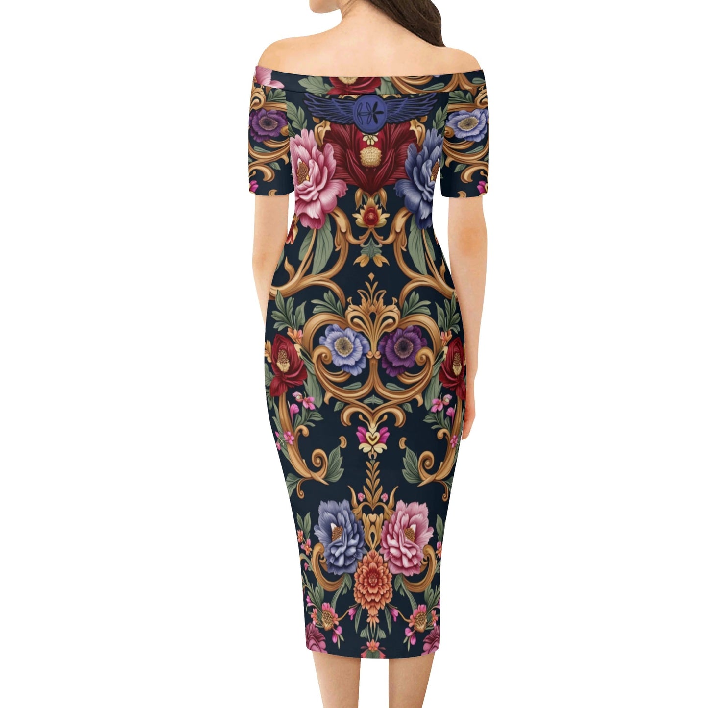 Womens Royal Floral Off The Shoulder Short Sleeve Dress by Highest Evolution