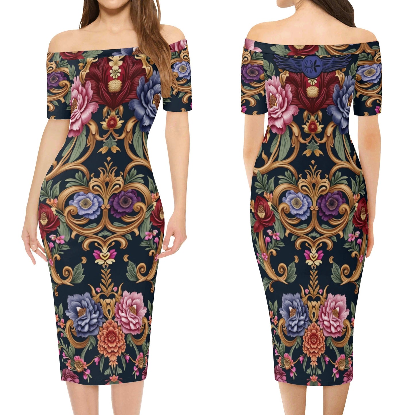 Womens Royal Floral Off The Shoulder Short Sleeve Dress by Highest Evolution