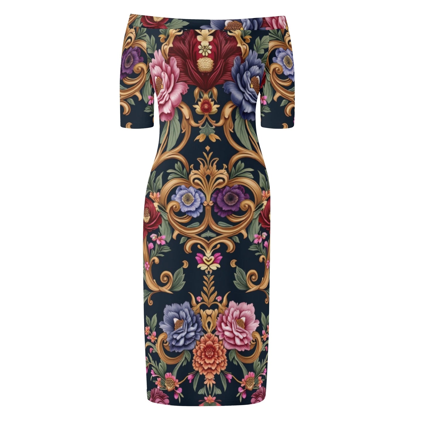 Womens Royal Floral Off The Shoulder Short Sleeve Dress by Highest Evolution
