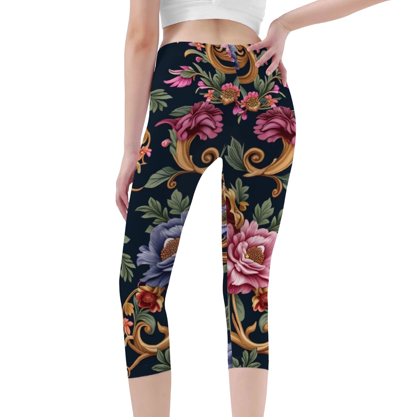 Womens Royal Floral Capris Leggings
