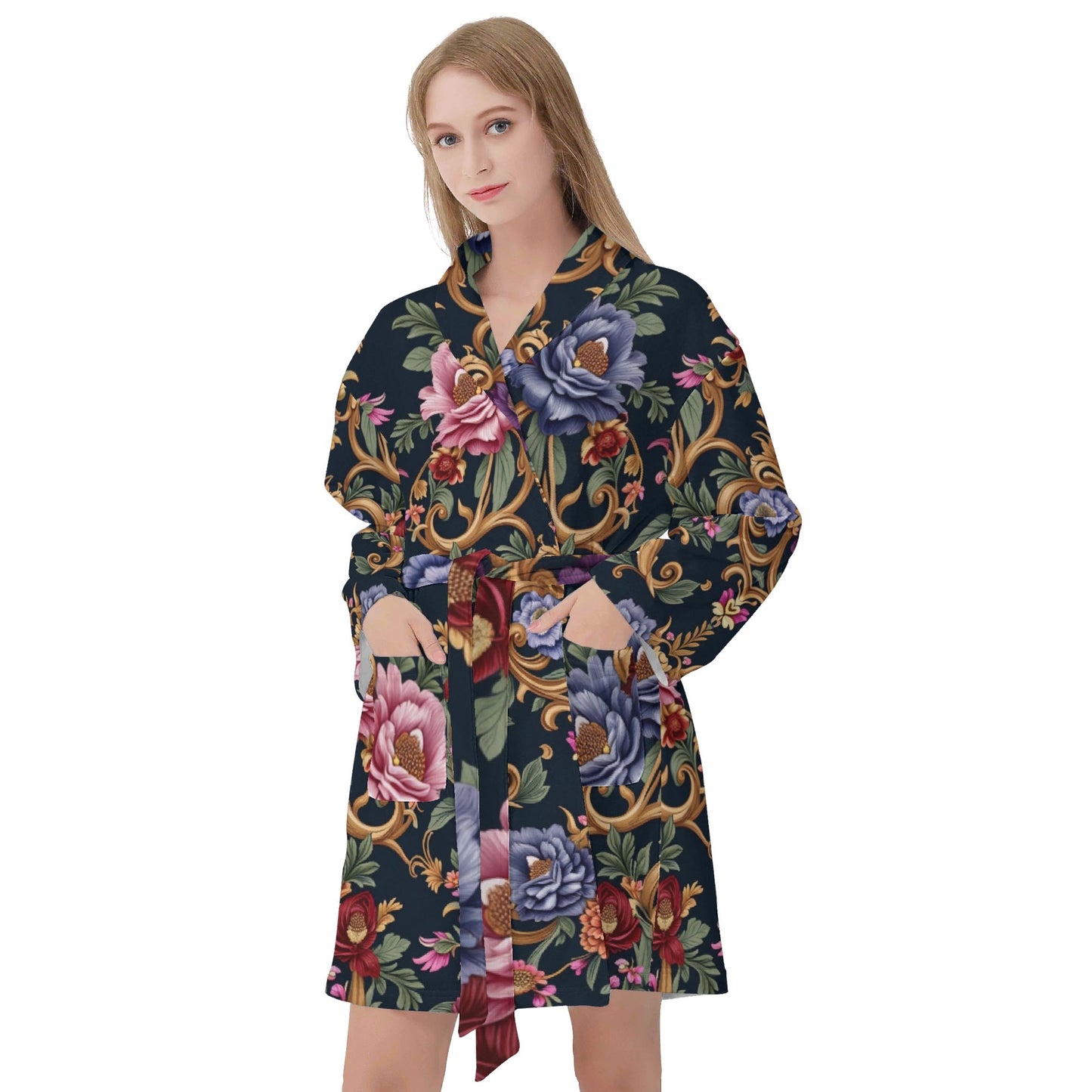 Womens Royal Floral Short Bathrobe