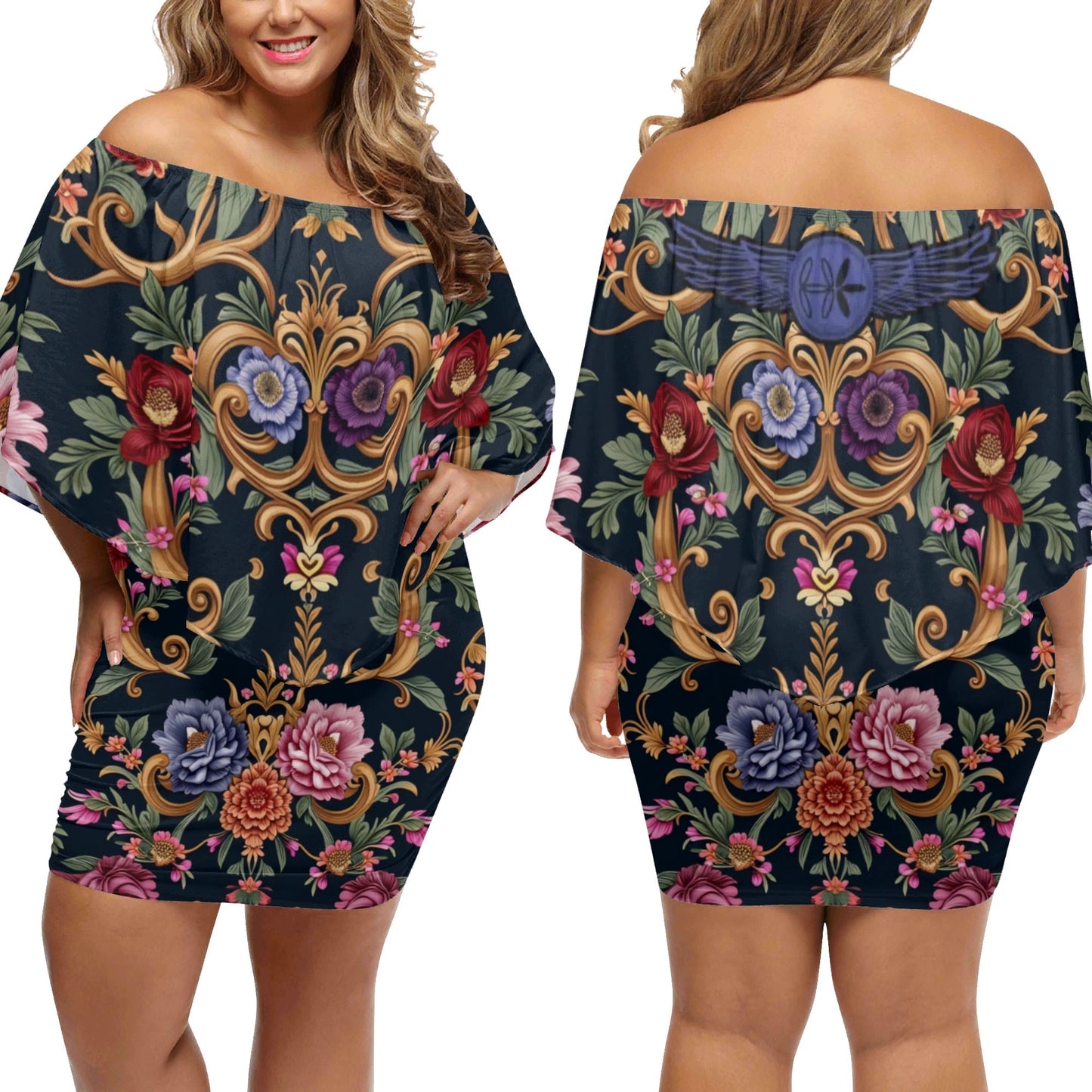 Womens Royal Floral Off The Shoulder Wrap Dress