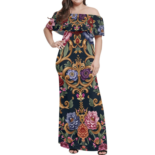 Womens Royal Floral Off The Shoulder Long Dress