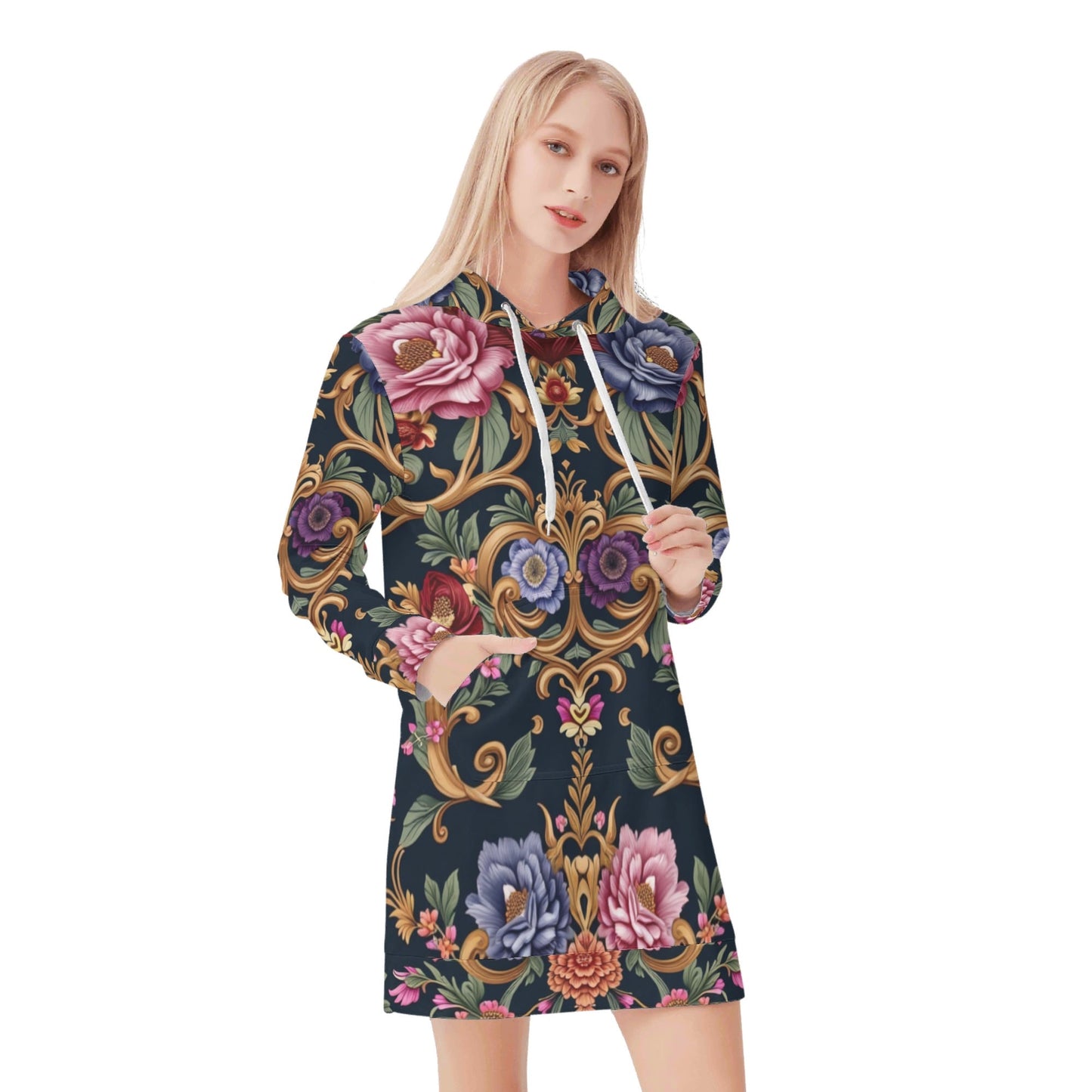 Womens Royal Floral Velvets Pullover Hoodie Dress