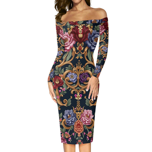 Womens Off The Shoulder Royal Floral Long Sleeve Elegant Wrap Dress