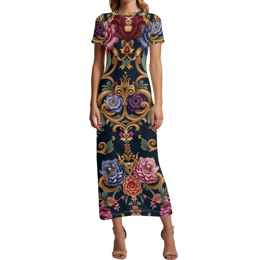 Womens Royal Floral Short Sleeve Casual Tshirt Long Dresses