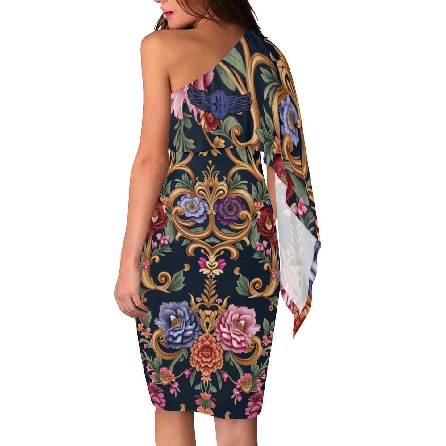 Womens Royal Floral One Shoulder Evening Dress