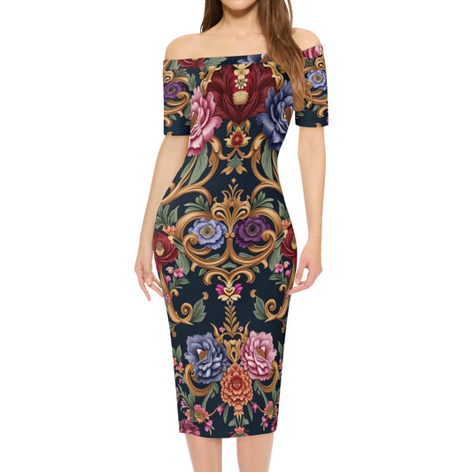 Womens Royal Floral Off The Shoulder Short Sleeve Dress by Highest Evolution