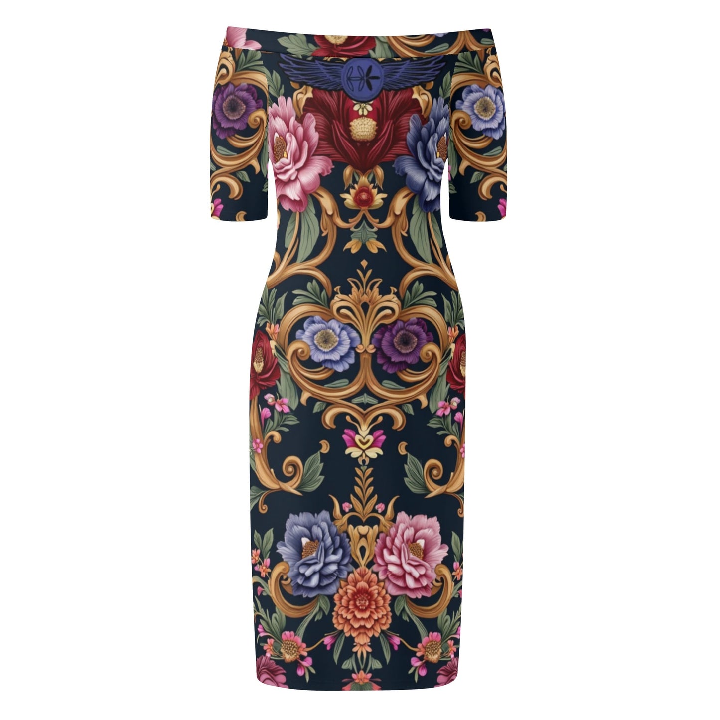 Womens Royal Floral Off The Shoulder Short Sleeve Dress by Highest Evolution